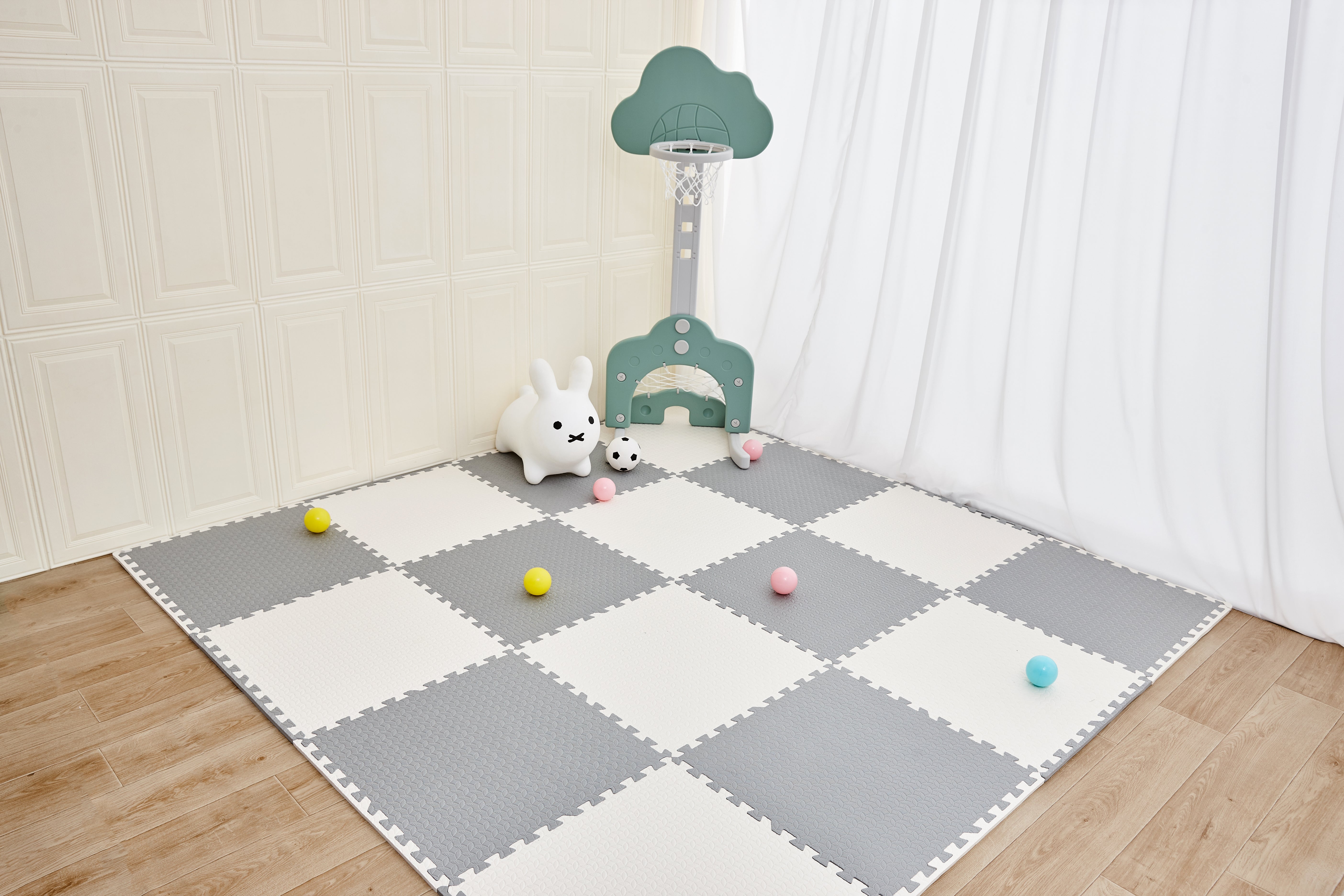 Piso de Goma Eva Encajable 60x60x1.2 cm – Gris y Blanco | Decopro | Pack 8 Unidades