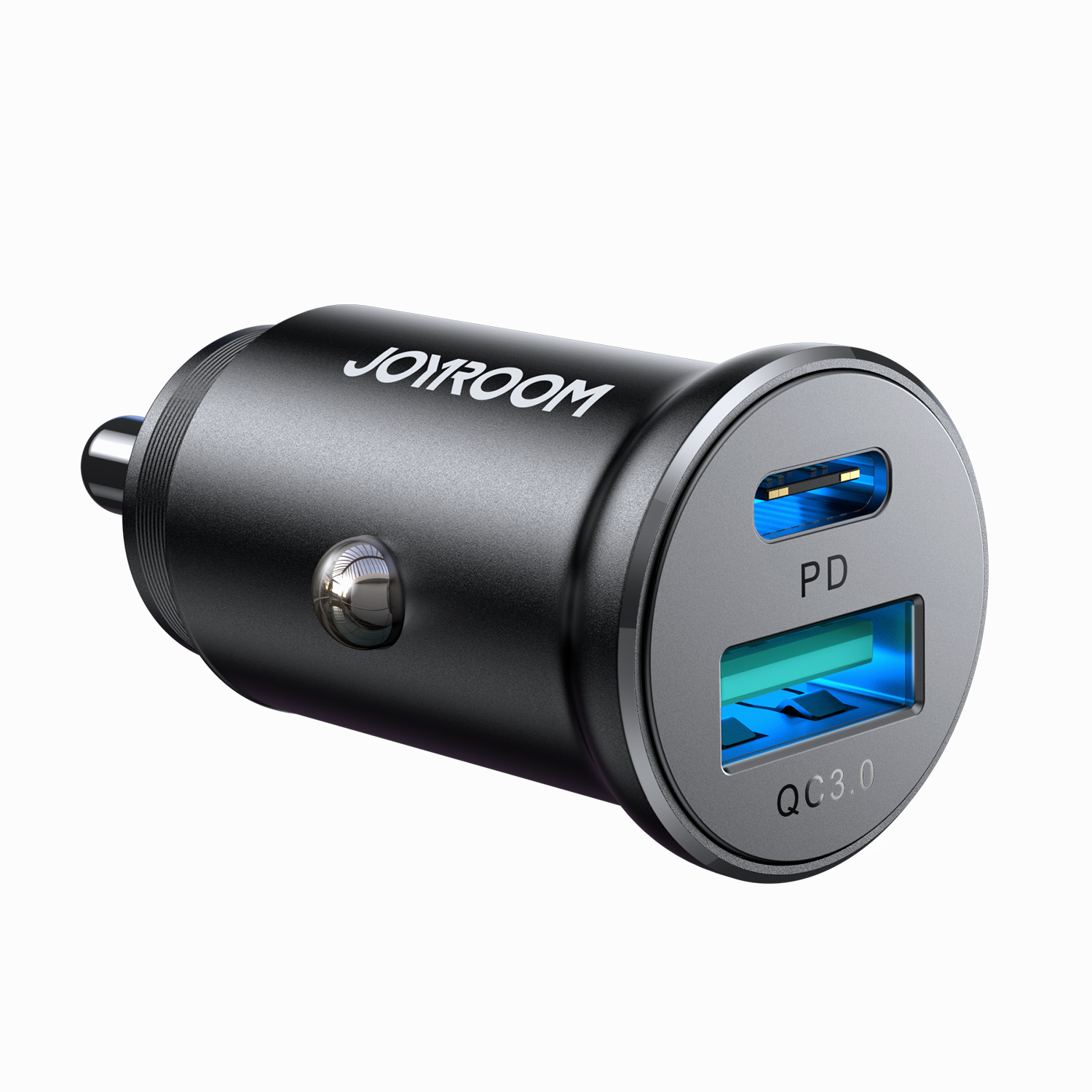 Cargador de Auto Rápido 30W PD + QC Joyroom Mini Metálico | USB-C + USB | Carga Rápida iPhone y Android
