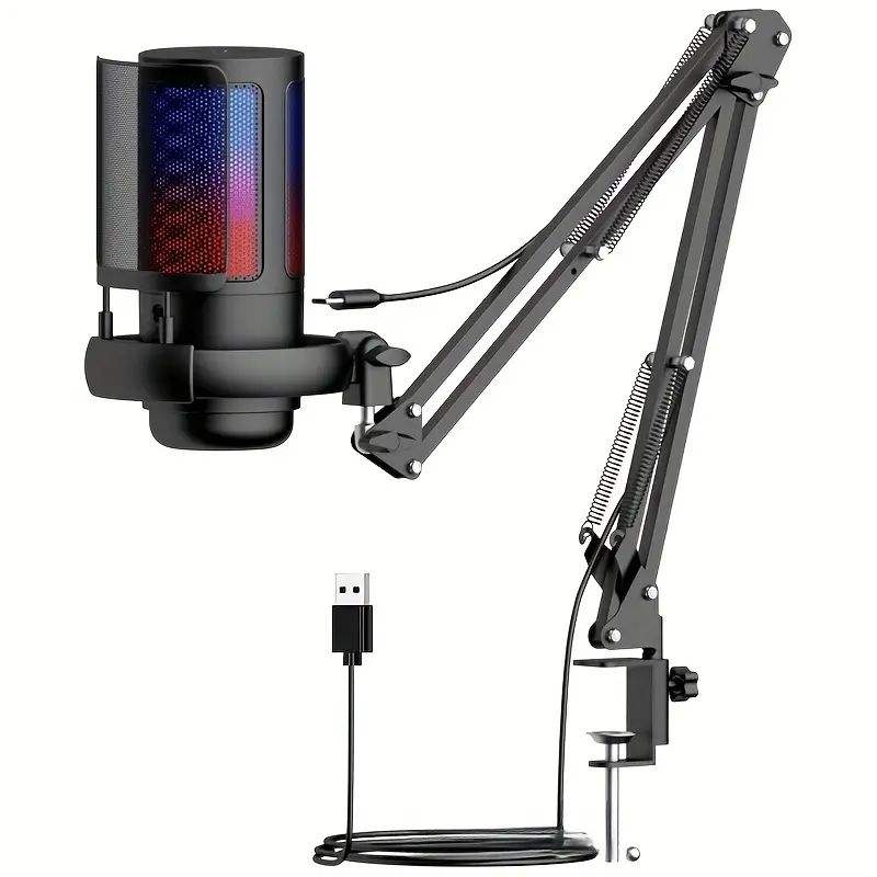 Micrófono RGB Gamer USB con Brazo Ajustable – Streaming, Gaming, Podcast, Grabación