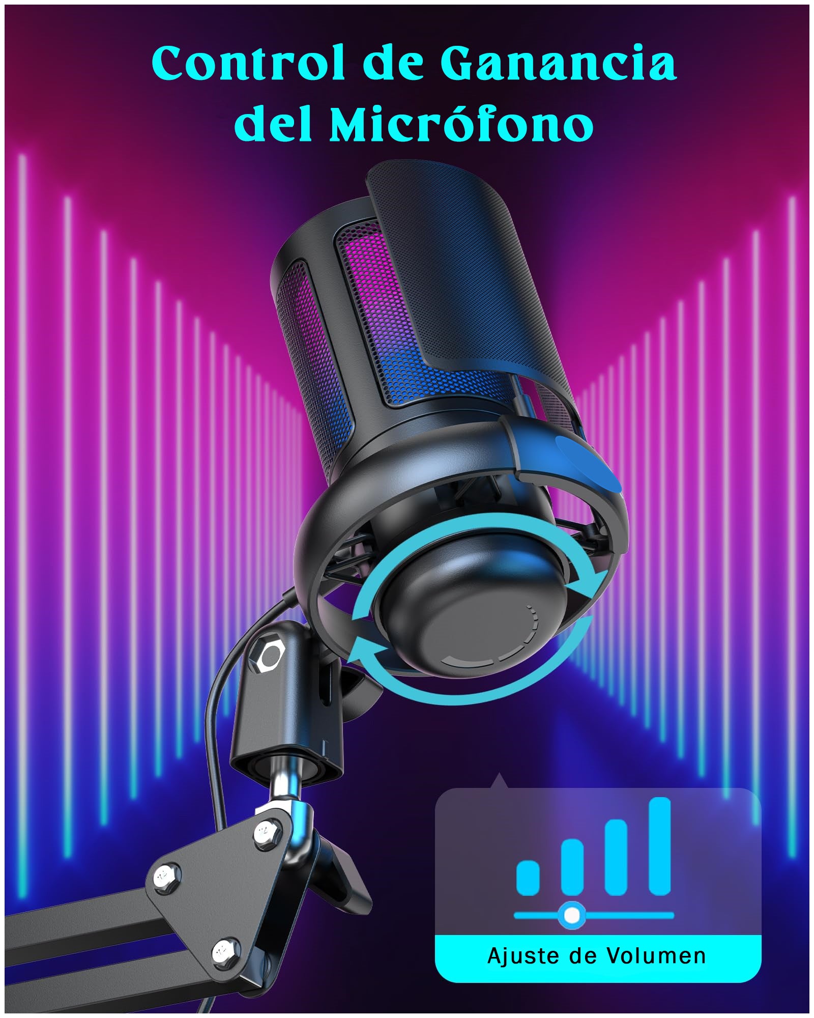 Micrófono RGB Gamer USB con Brazo Ajustable – Streaming, Gaming, Podcast, Grabación