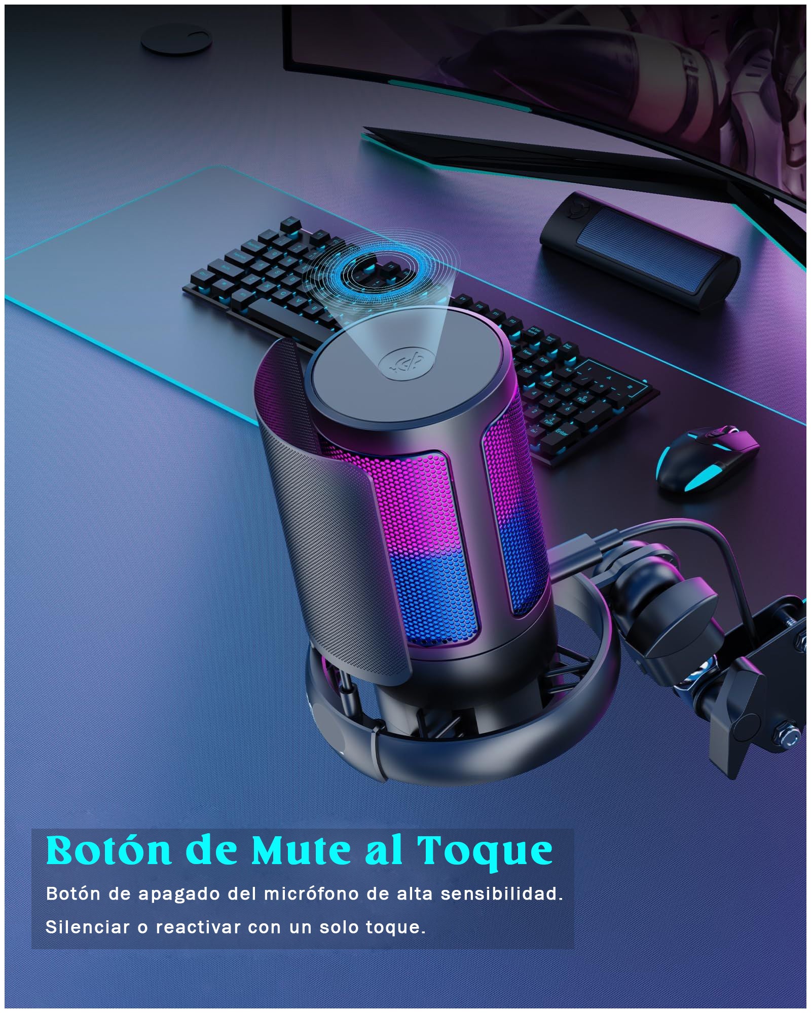 Micrófono RGB Gamer USB con Brazo Ajustable – Streaming, Gaming, Podcast, Grabación