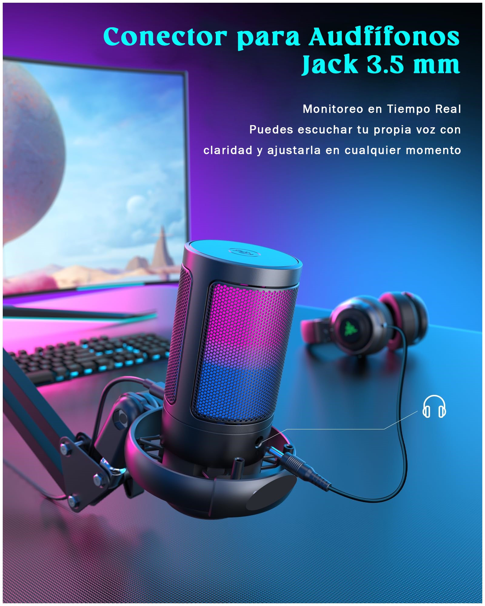Micrófono RGB Gamer USB con Brazo Ajustable – Streaming, Gaming, Podcast, Grabación