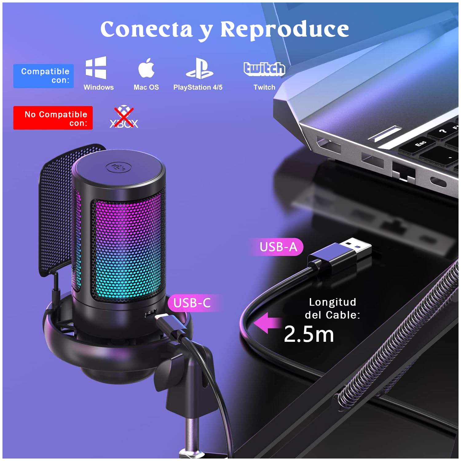 Micrófono RGB Gamer USB con Brazo Ajustable – Streaming, Gaming, Podcast, Grabación