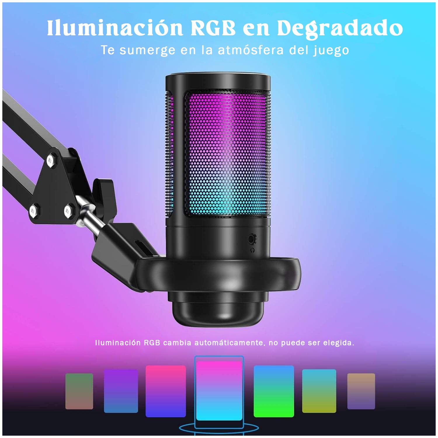 Micrófono RGB Gamer USB con Brazo Ajustable – Streaming, Gaming, Podcast, Grabación