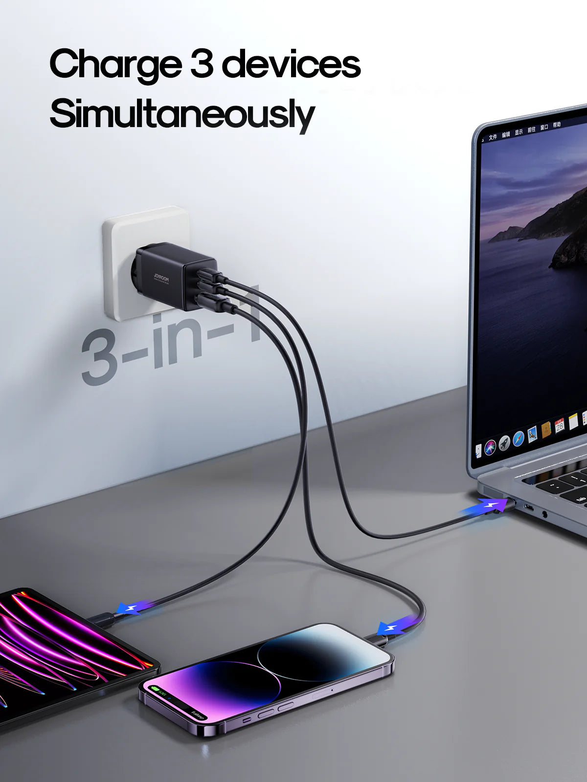 Cargador / Adaptador Triple Puerto Carga Rápida 65W + Cable Tipo C - Tipo C 100W - Joyroom