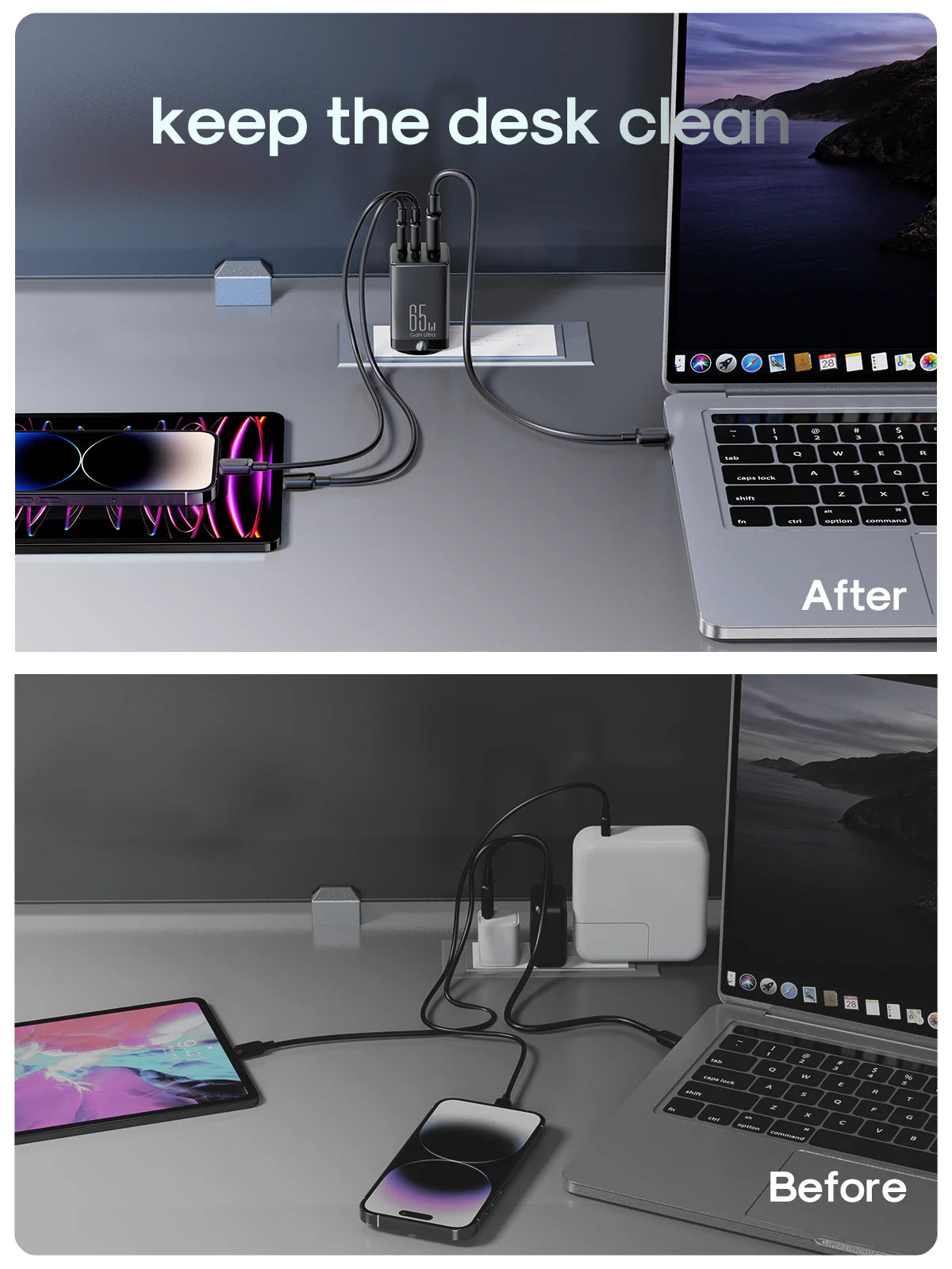 Cargador / Adaptador Triple Puerto Carga Rápida 65W + Cable Tipo C - Tipo C 100W - Joyroom