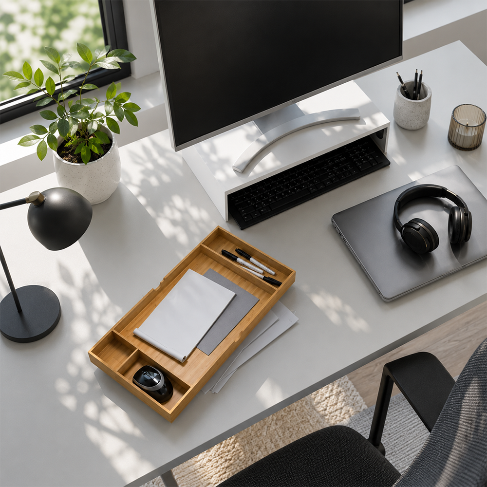 Soporte Elevador para Monitor y Laptop con Cajón de Bambú - Tuntun Blanco
