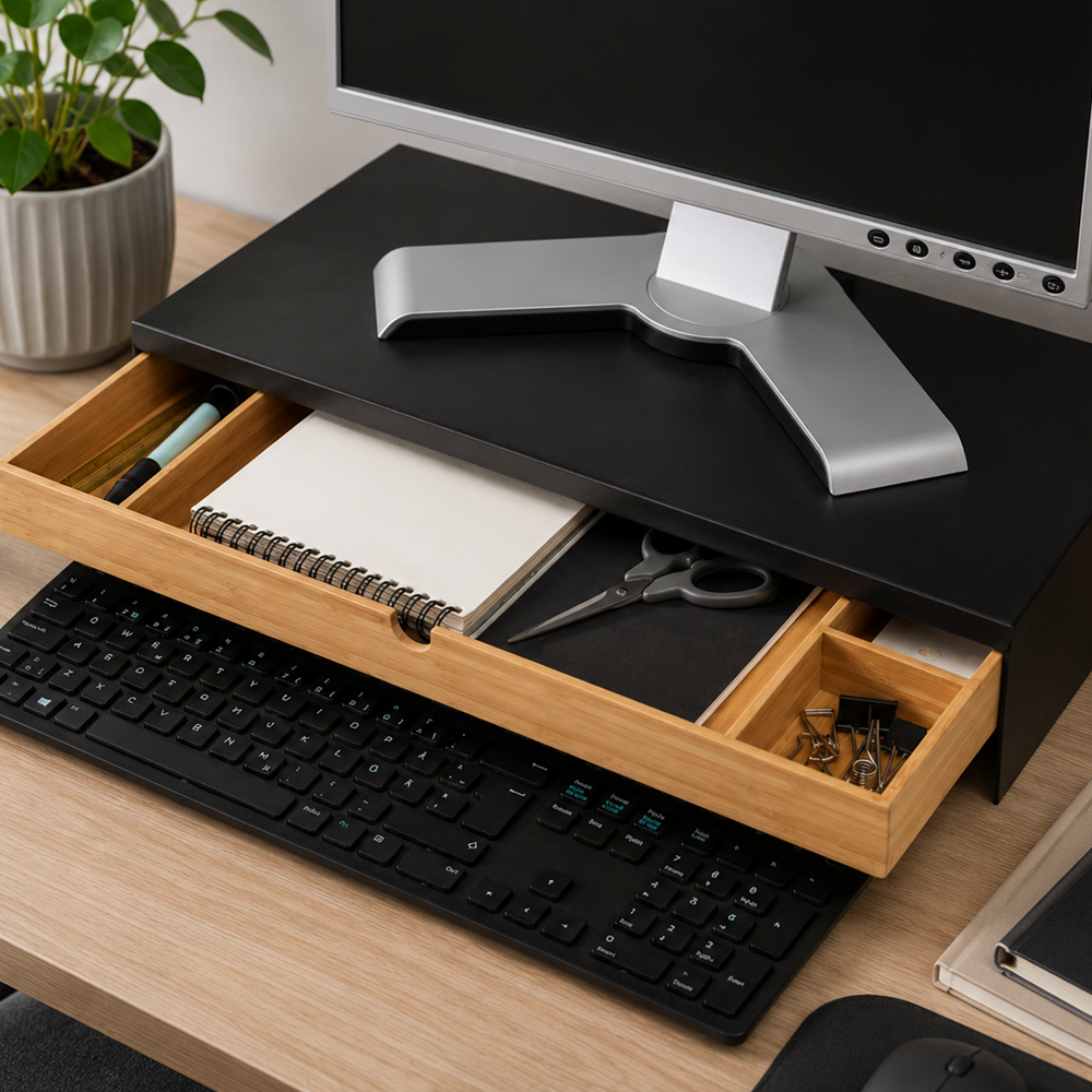 Soporte Elevador para Monitor y Laptop con Cajón de Bambú - Tuntun Negro