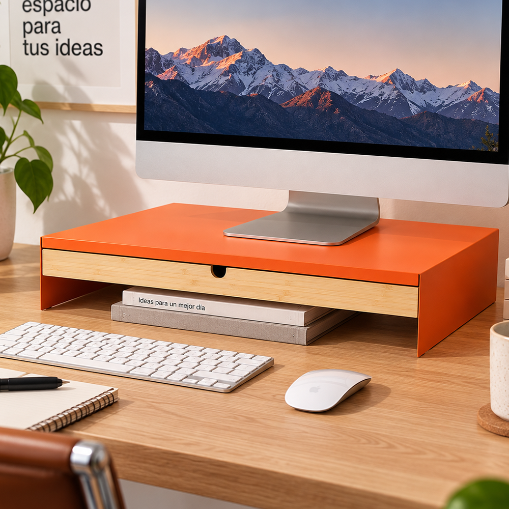 Soporte Elevador para Monitor y Laptop con Cajón de Bambú - Tuntun Naranja
