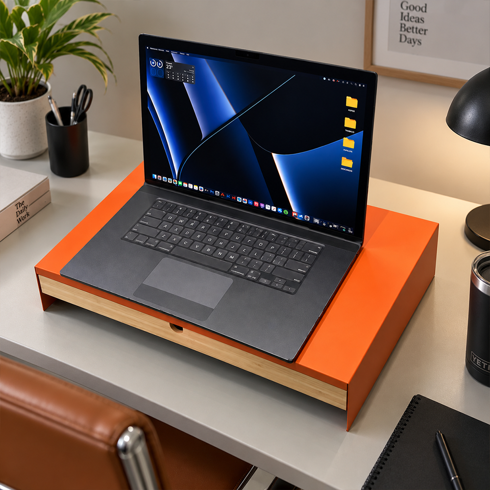 Soporte Elevador para Monitor y Laptop con Cajón de Bambú - Tuntun Naranja