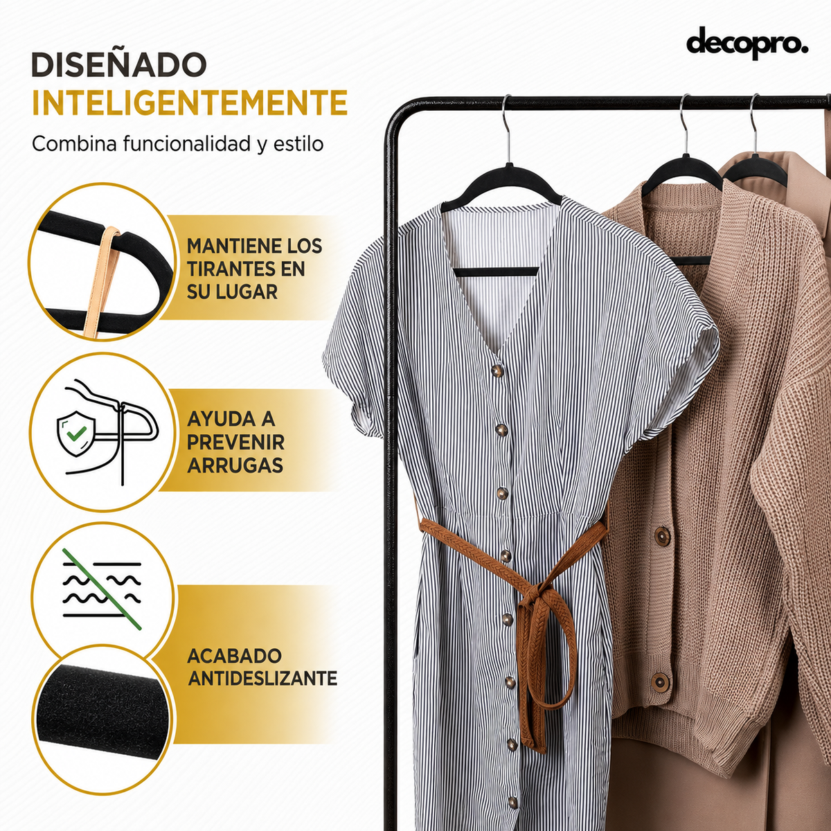 Pack de 30 Colgadores de Terciopelo Negros, Antideslizantes - Decopro