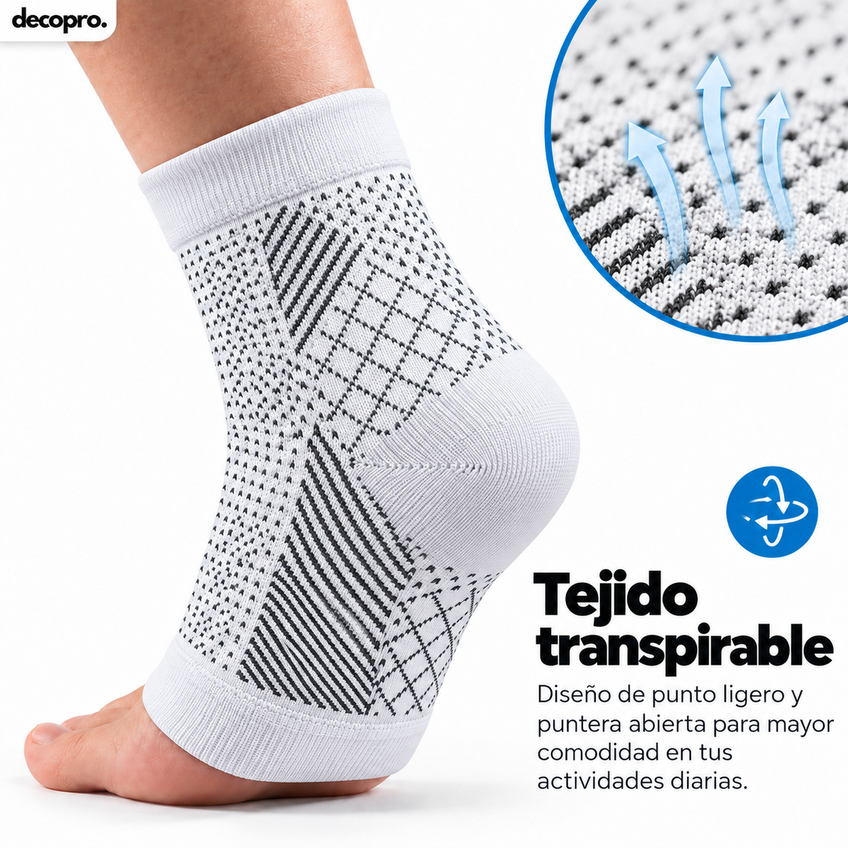 Pack 2 Pares Calcetines / Tobillera de Compresión para Pie y Tobillo Decopro – Alivio de Fascitis Plantar y Dolor de Talón – Blancos