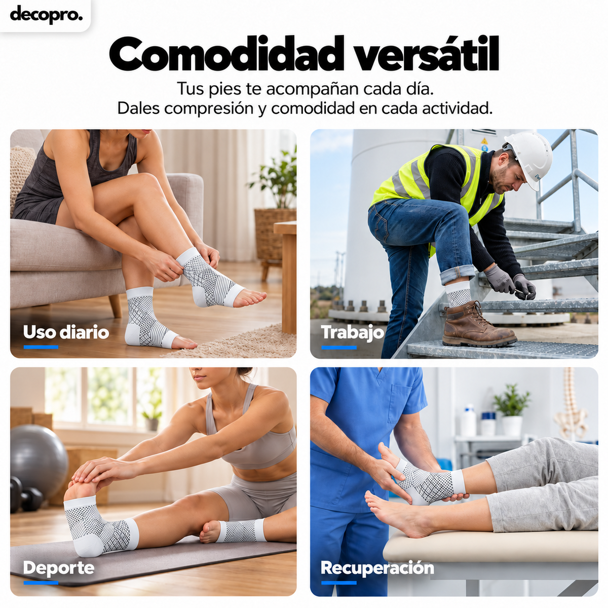 Pack 2 Pares Calcetines / Tobillera de Compresión para Pie y Tobillo Decopro – Alivio de Fascitis Plantar y Dolor de Talón – Blancos
