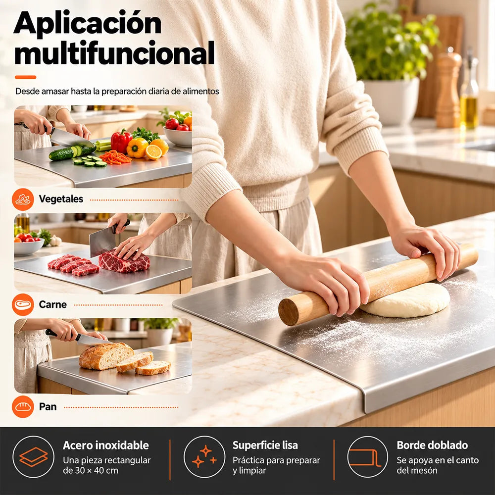 Tabla de Cortar / Picar / Amasar de Acero Inoxidable con Borde para Mesón 30x40 cm - Decopro