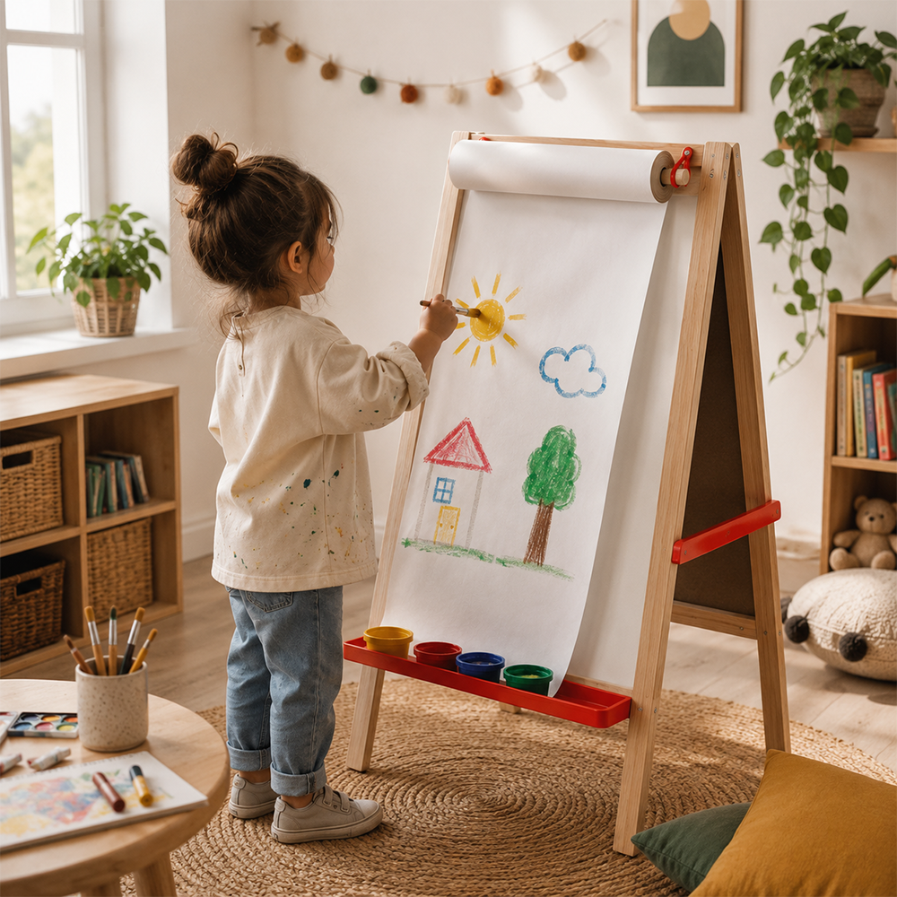 Caballete Pizarra Infantil Tuntun Doble Cara + Rollo Papel 30 metros