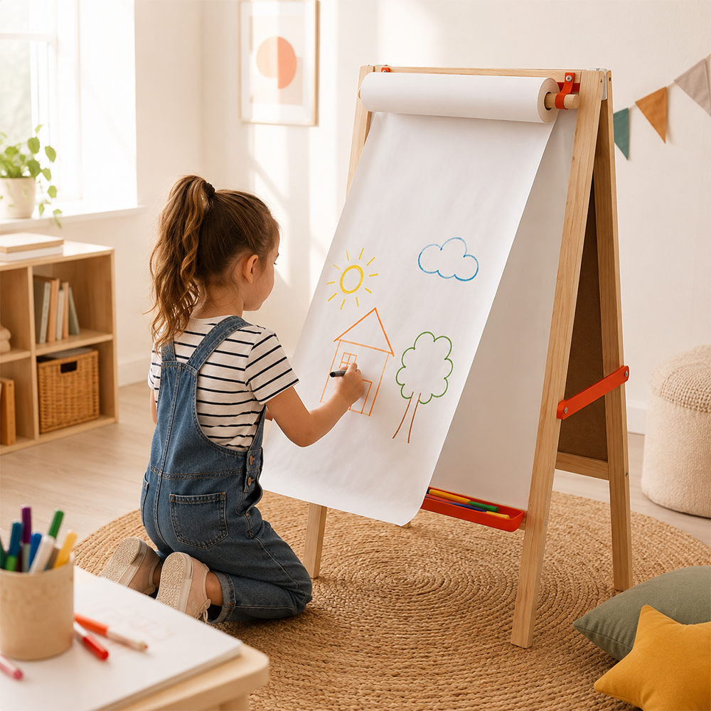 Caballete Pizarra Infantil Tuntun Doble Cara + Rollo Papel 30 metros