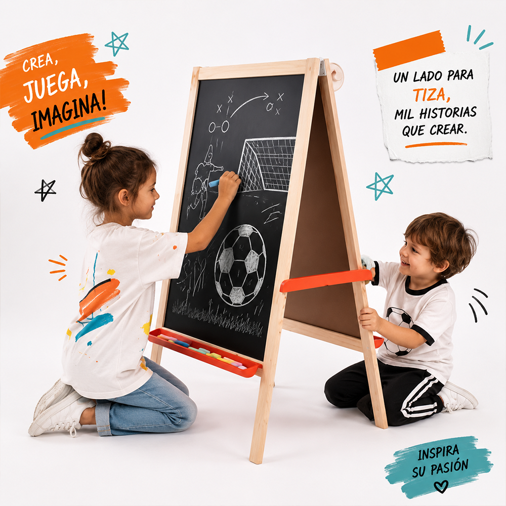 Caballete Pizarra Infantil Tuntun Doble Cara + Rollo Papel 30 metros