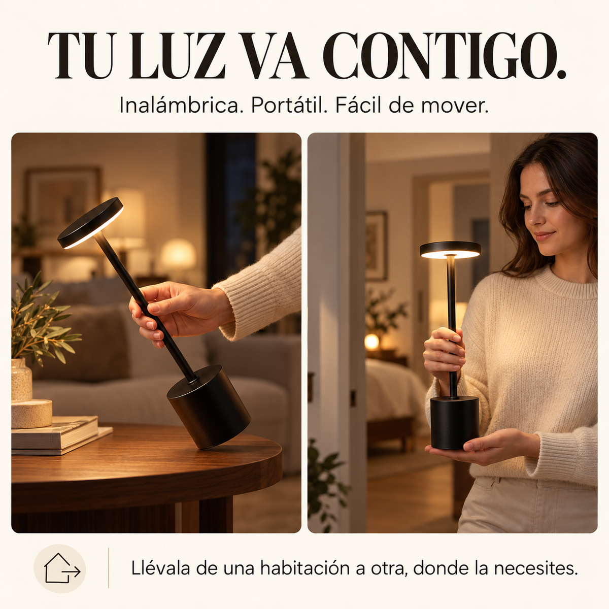 Lámpara de Mesa Recargable LED Inalámbrica - Luz Cálida Regulable 3 Tonos - Resistente al Agua IP54 - 33 cm