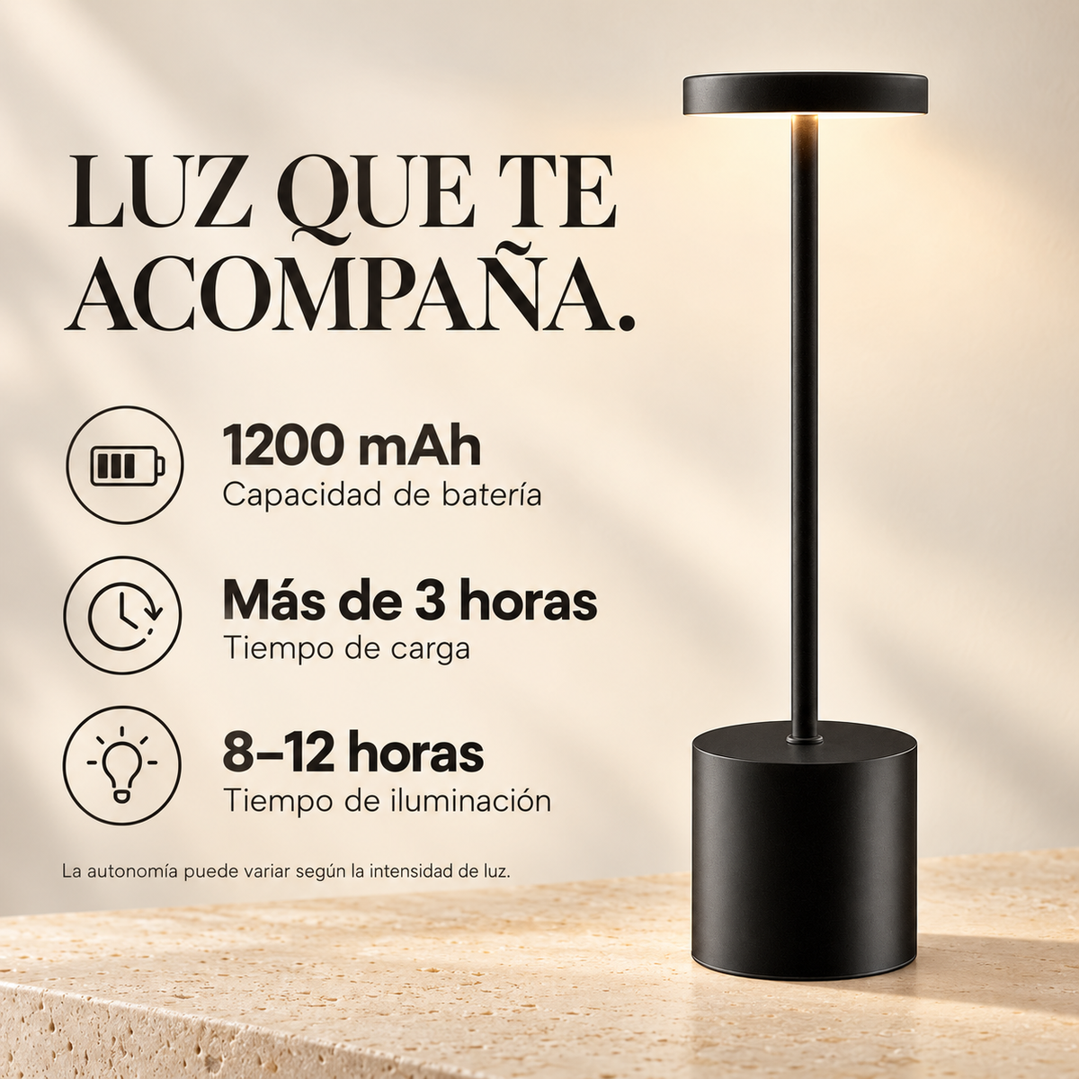 Lámpara de Mesa Recargable LED Inalámbrica - Luz Cálida Regulable 3 Tonos - Resistente al Agua IP54 - 33 cm
