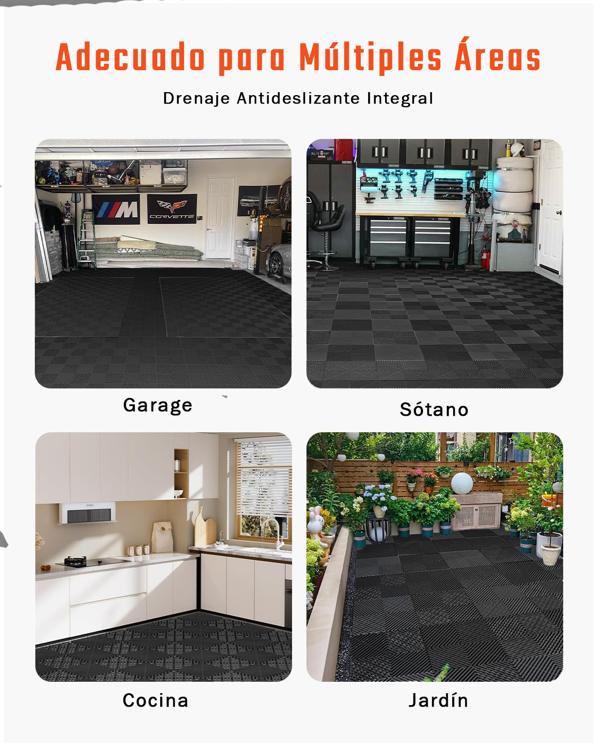 Piso de Plástico Encajable DecoPro - Negro - Antideslizante y Drenante para Garage, Patio o Terraza