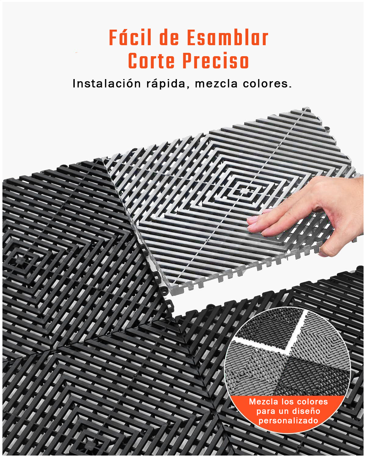 Piso de Plástico Encajable DecoPro – Pack 6 Unidades (3 Negras + 3 Grises) Antideslizante y Drenante para Garage, Patio o Terraza