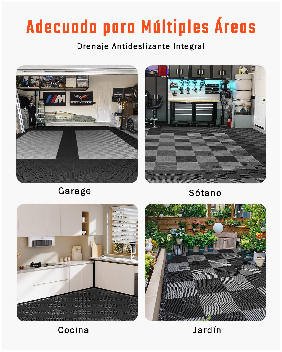 Piso de Plástico Encajable DecoPro – Pack 6 Unidades (3 Negras + 3 Grises) Antideslizante y Drenante para Garage, Patio o Terraza