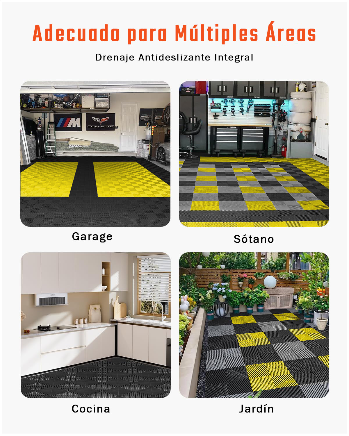 Piso de Plástico Encajable DecoPro – Pack 4 Unidades - Amarillo - Antideslizante y Drenante para Garage, Patio o Terraza