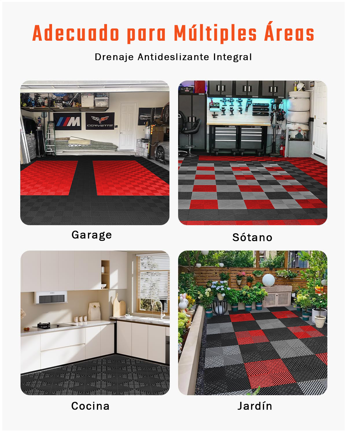 Piso de Plástico Encajable DecoPro – Pack 4 Unidades - Rojo - Antideslizante y Drenante para Garage, Patio o Terraza