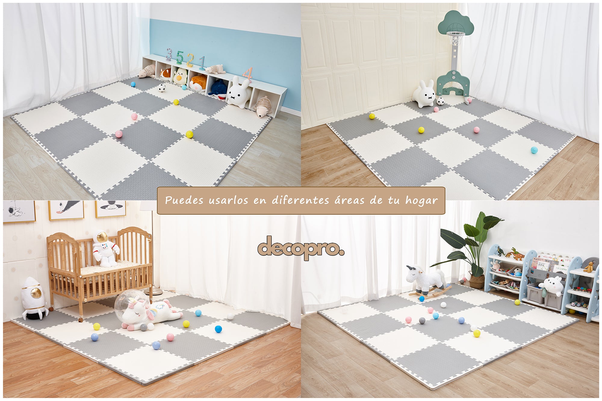 Piso de Goma Eva Encajable 60x60x1.2 cm – Gris y Blanco | Decopro | Pack 8 Unidades