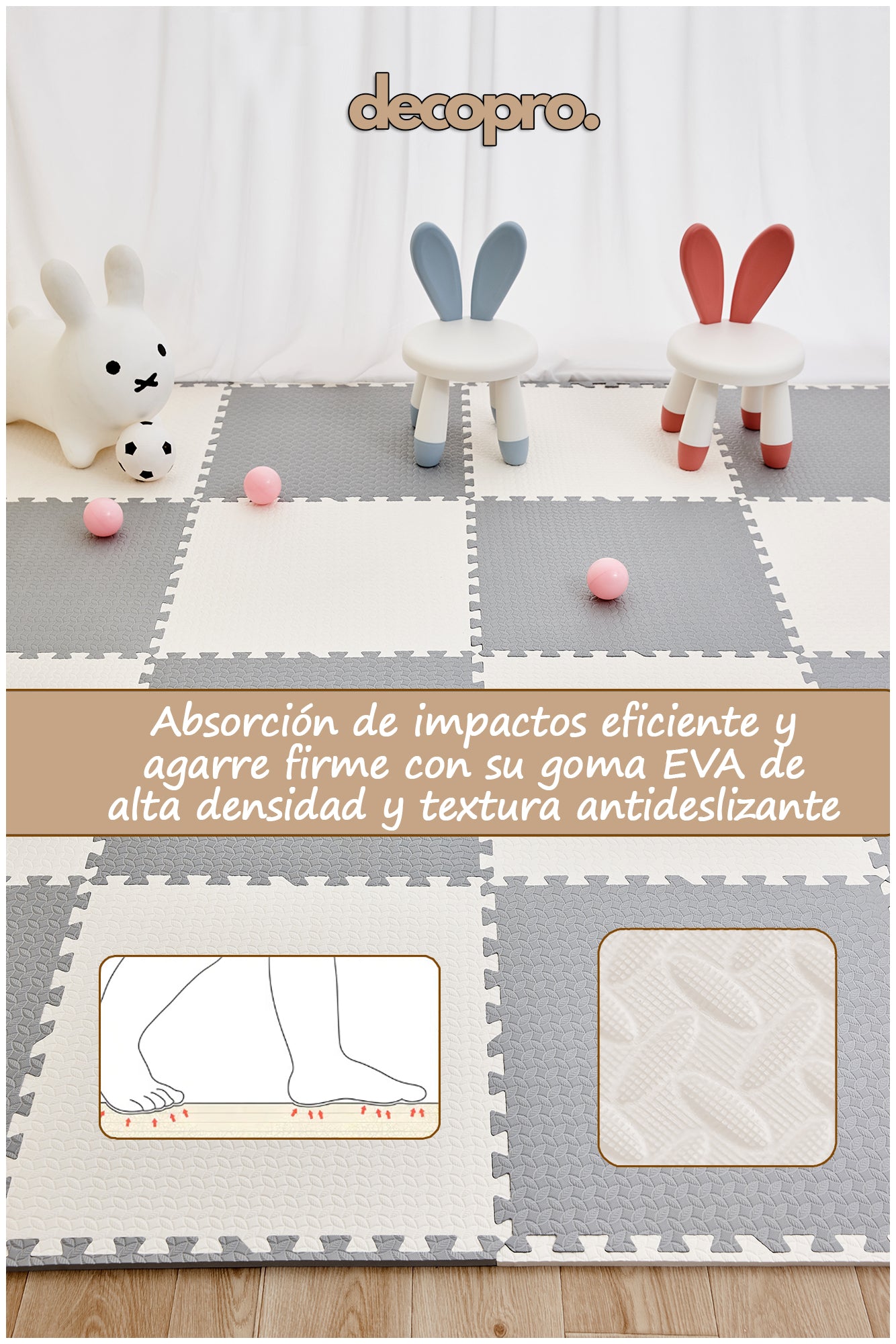 Piso de Goma Eva Encajable 60x60x1.2 cm – Gris y Blanco | Decopro | Pack 8 Unidades