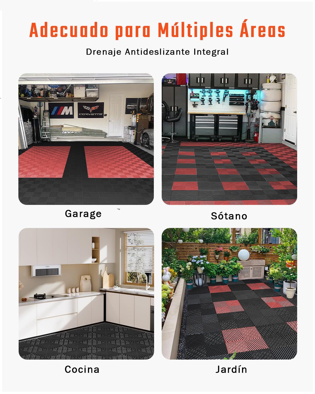 Piso de Plástico Encajable DecoPro - Rojo - Antideslizante y Drenante para Garage, Patio o Terraza
