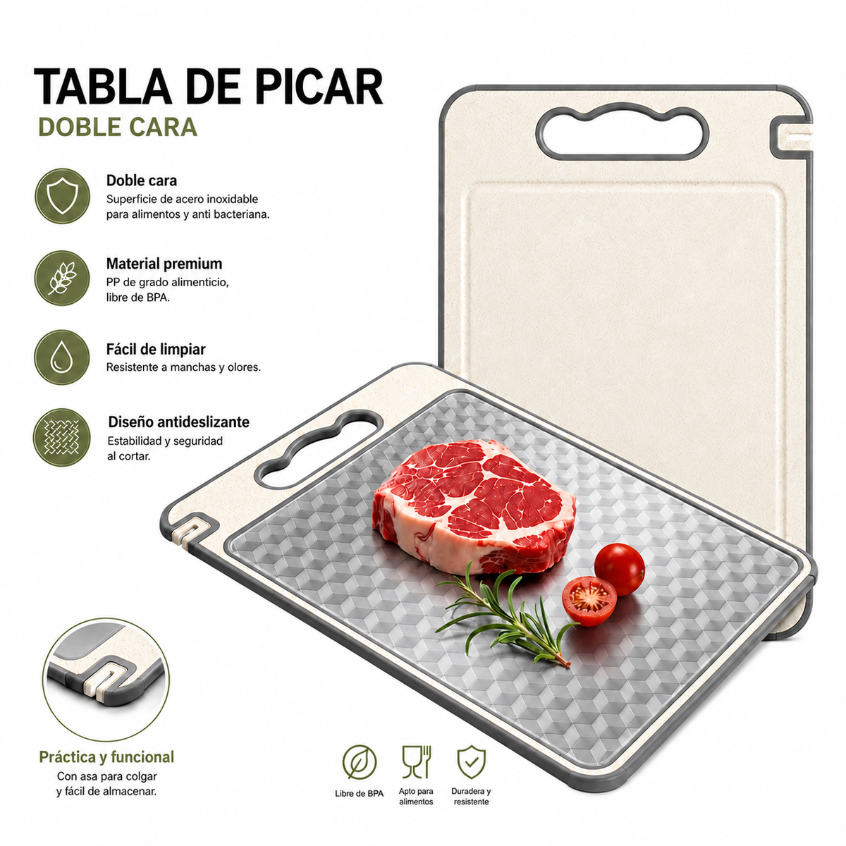 Tabla de Picar Doble Cara Acero Inoxidable + Afilador Cuchillos / Antideslizante + Canal - Decopro