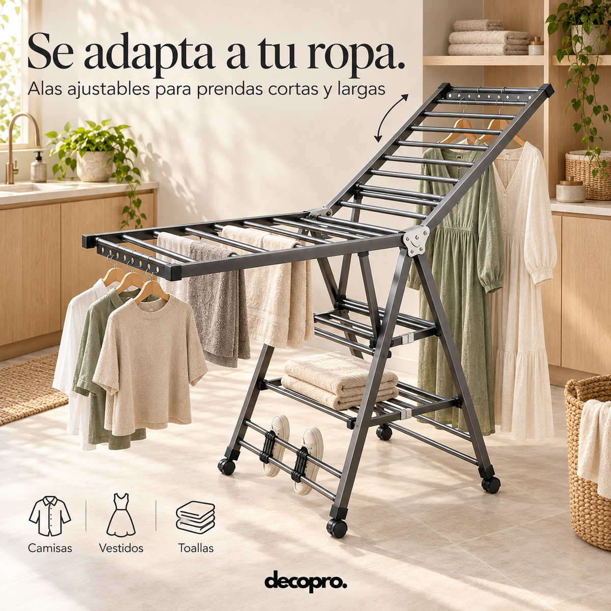 Tendedero de Ropa Plegable con Ruedas y Alas Ajustables Decopro