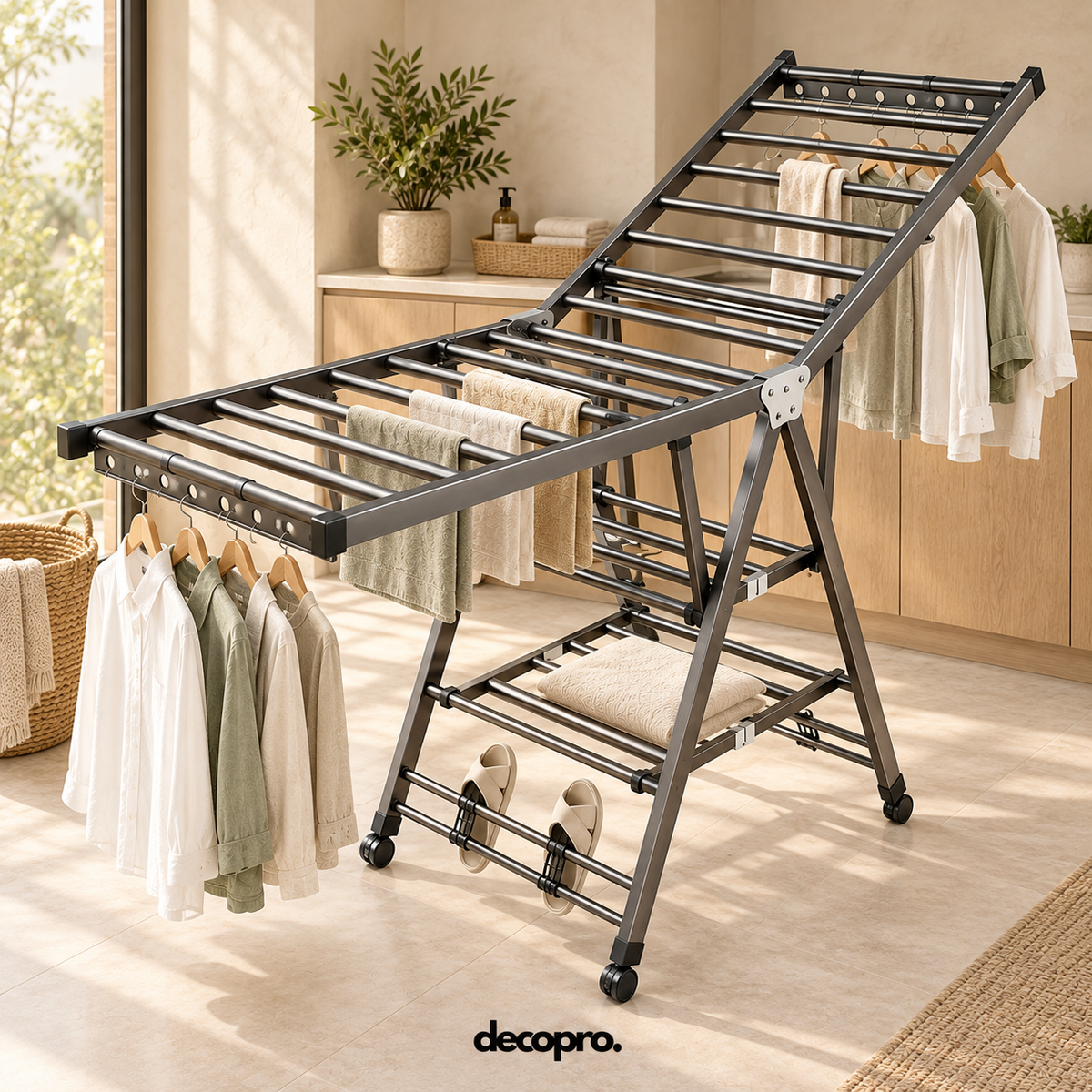 Tendedero de Ropa Plegable con Ruedas y Alas Ajustables Decopro