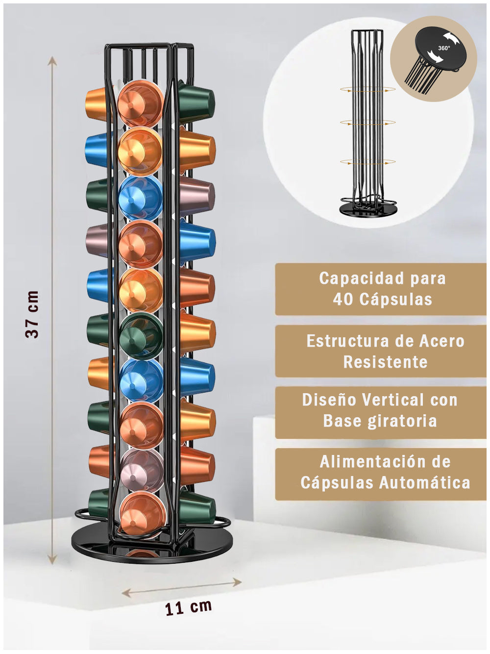 Organizador Cápsulas Nespresso Giratorio Decopro 40 Unidades – Soporte Metálico 360°