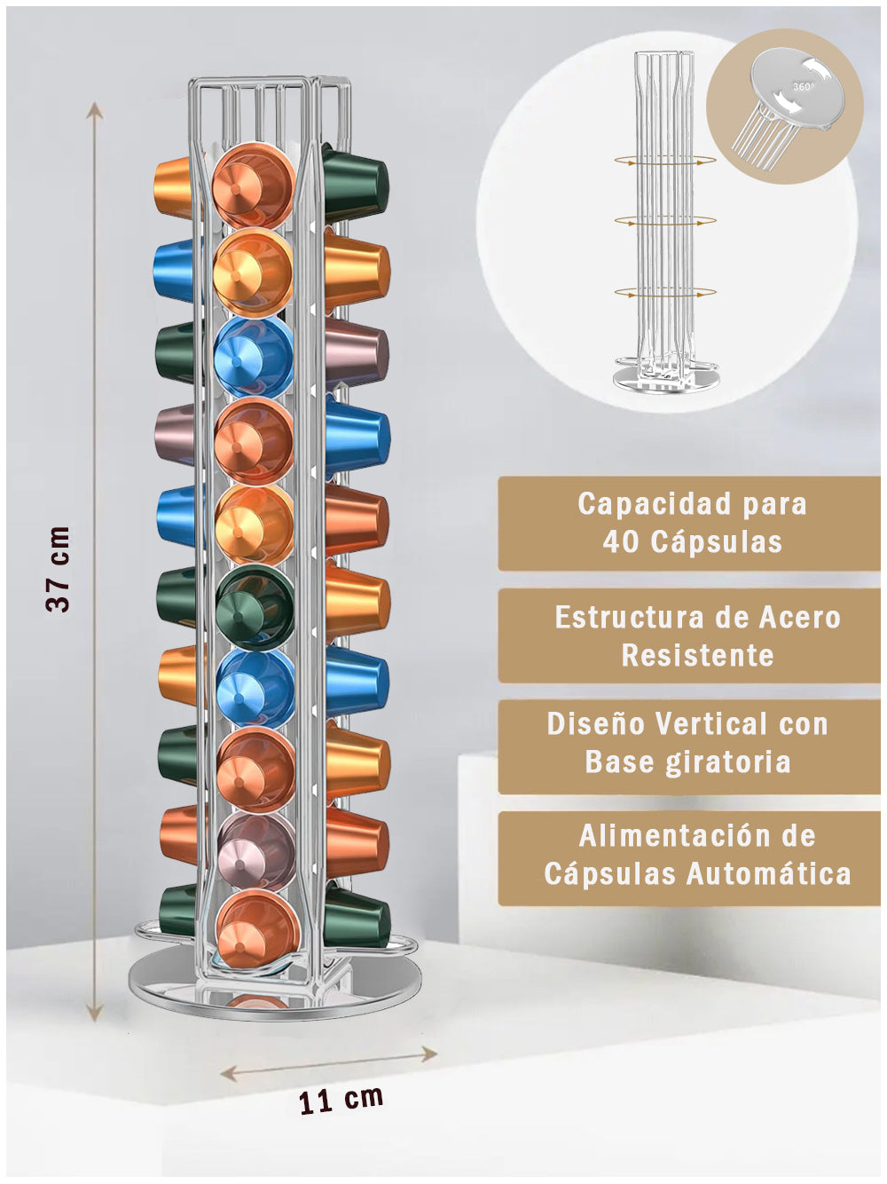 Organizador Cápsulas Nespresso Giratorio Decopro 40 Unidades – Soporte Metálico 360°
