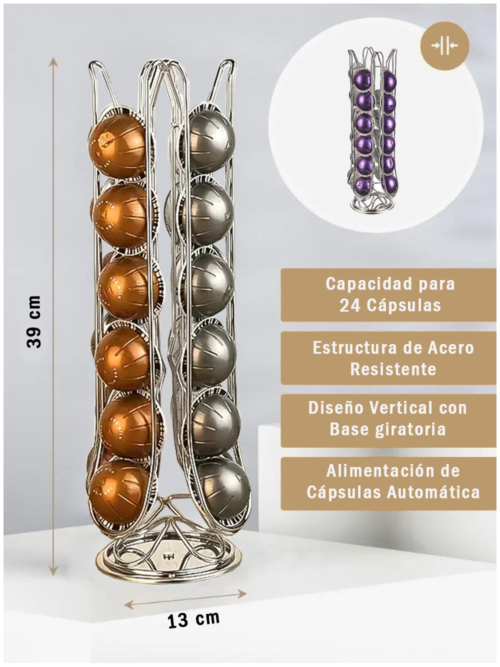Organizador Cápsulas Nespresso Vertuo Giratorio Decopro 24 Unidades – Soporte Metálico 360°