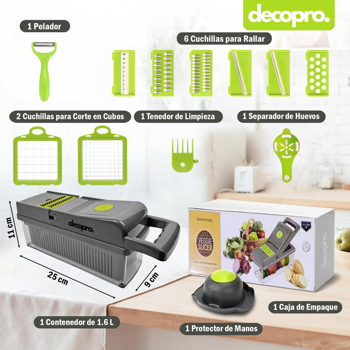 Picadora de Verduras Multifuncional 15 en 1 Decopro - Corta, Pica, Ralla y Rebana con Protector de Manos