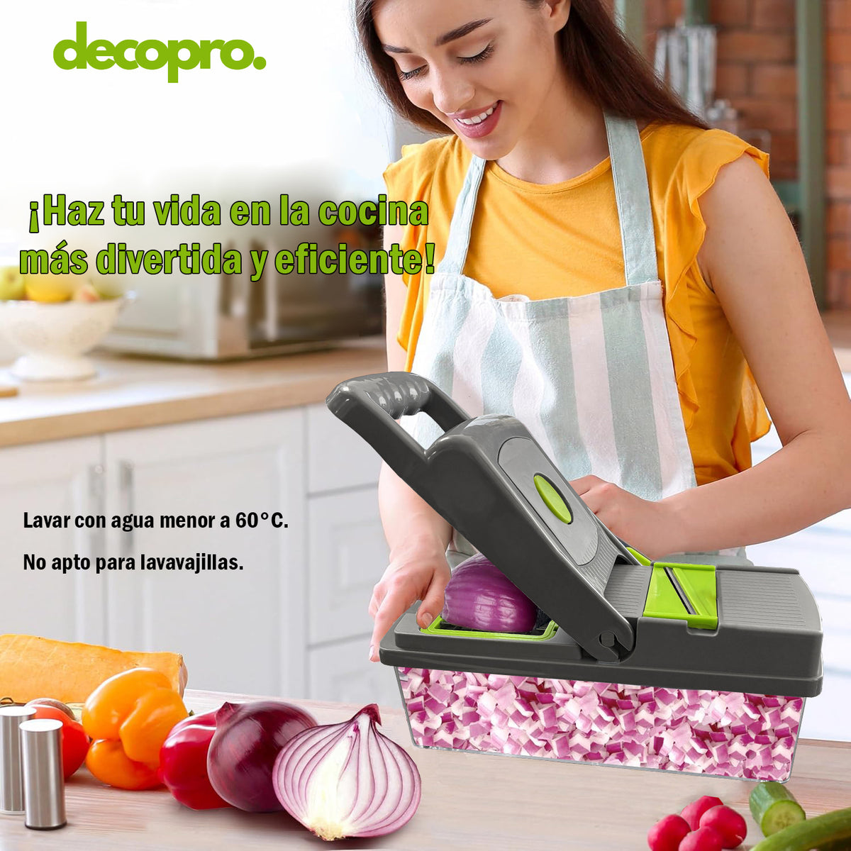 Picadora de Verduras Multifuncional 15 en 1 Decopro - Corta, Pica, Ralla y Rebana con Protector de Manos