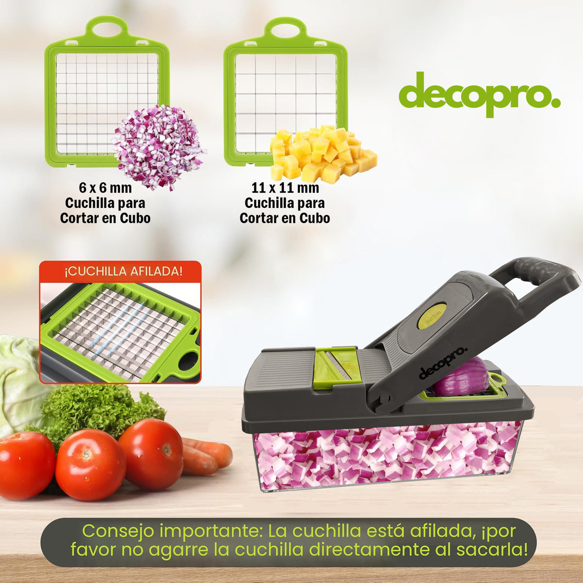 Picadora de Verduras Multifuncional 15 en 1 Decopro - Corta, Pica, Ralla y Rebana con Protector de Manos