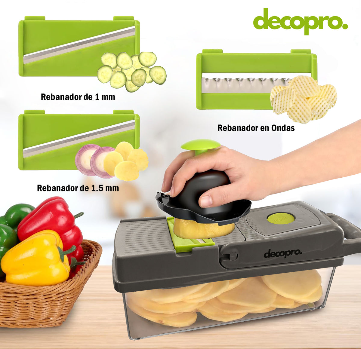 Picadora de Verduras Multifuncional 15 en 1 Decopro - Corta, Pica, Ralla y Rebana con Protector de Manos