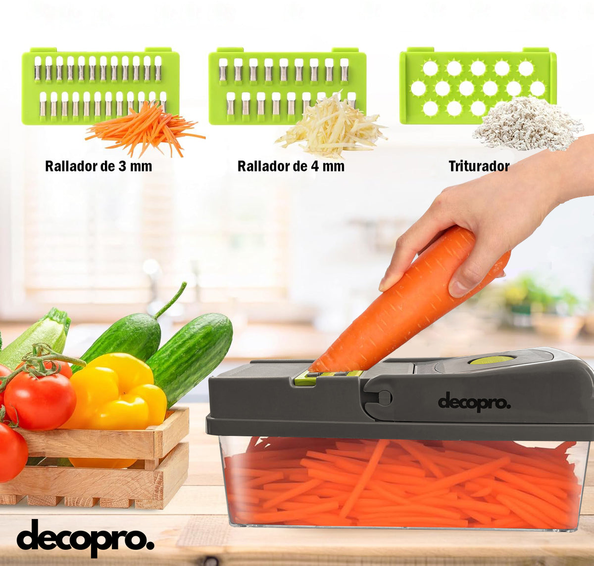 Picadora de Verduras Multifuncional 15 en 1 Decopro - Corta, Pica, Ralla y Rebana con Protector de Manos