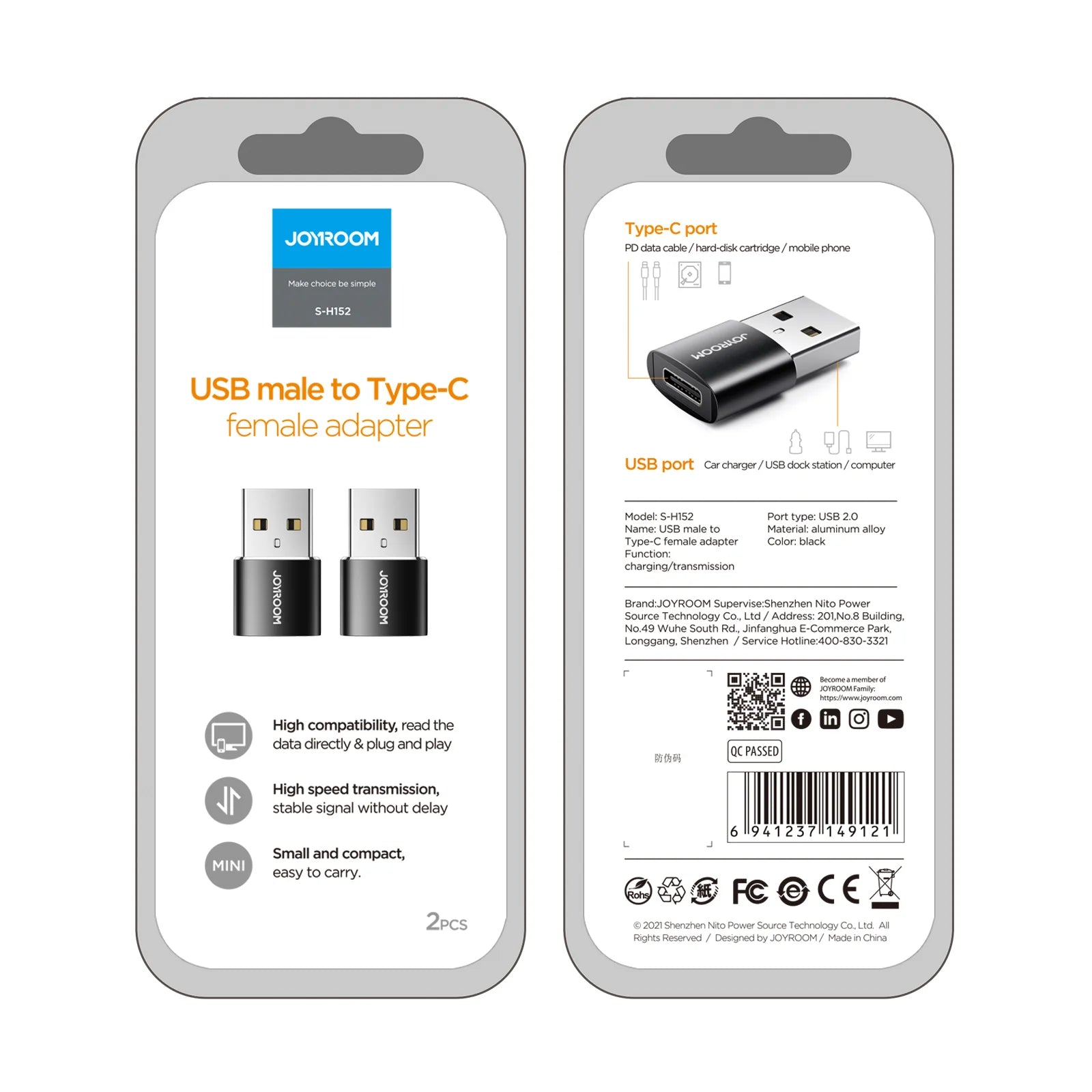 Pack 2 Adaptadores USB-A a USB-C Aluminio / Joyroom