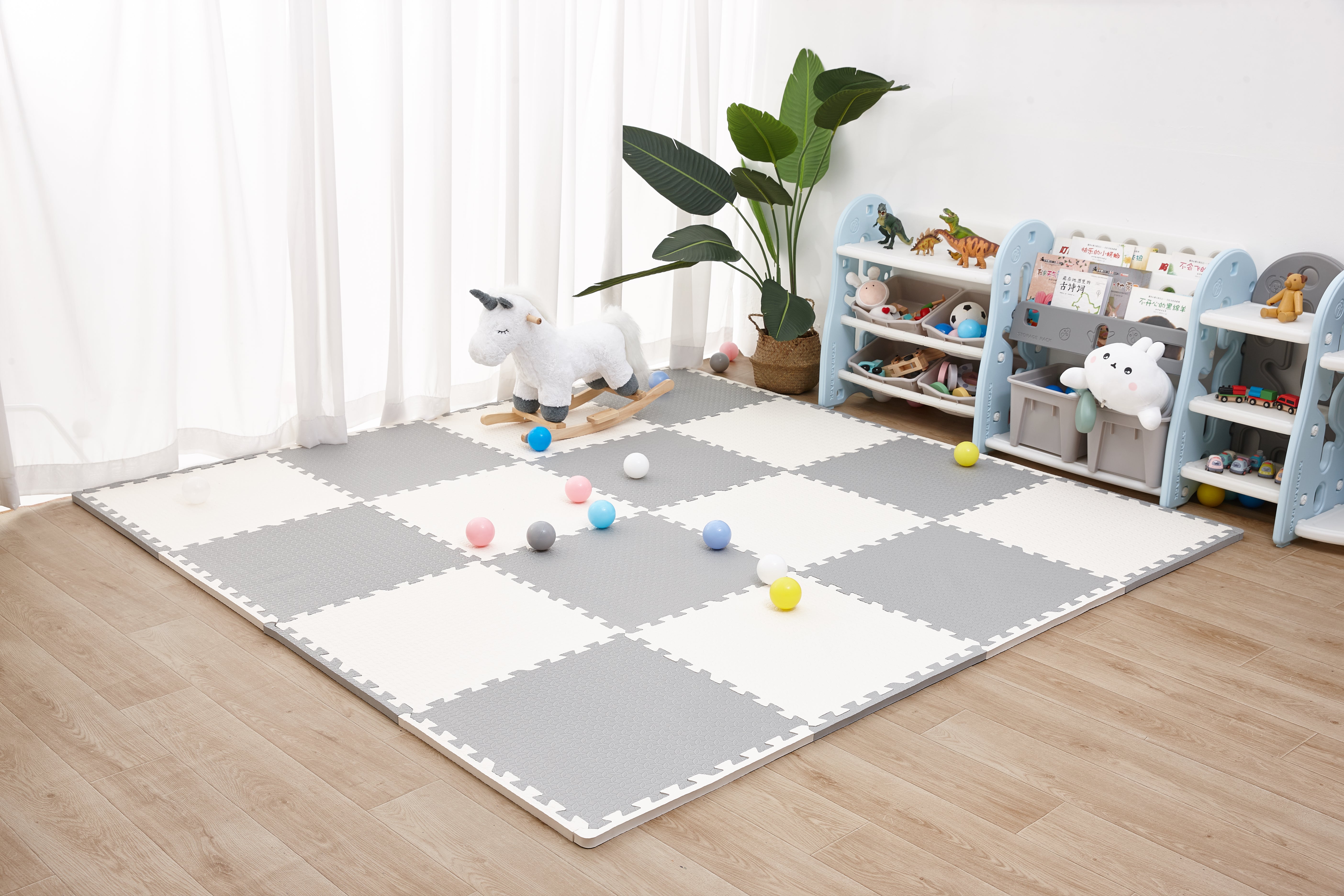 Piso de Goma Eva Encajable 60x60x1.2 cm – Gris y Blanco | Decopro | Pack 8 Unidades