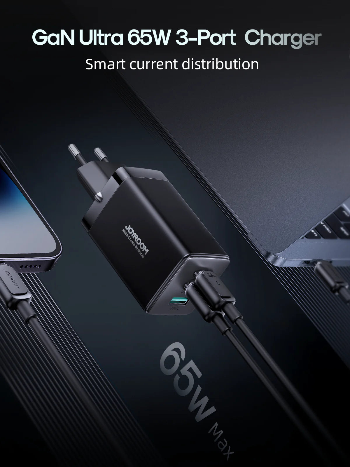 Cargador / Adaptador Triple Puerto Carga Rápida 65W + Cable Tipo C - Tipo C 100W - Joyroom