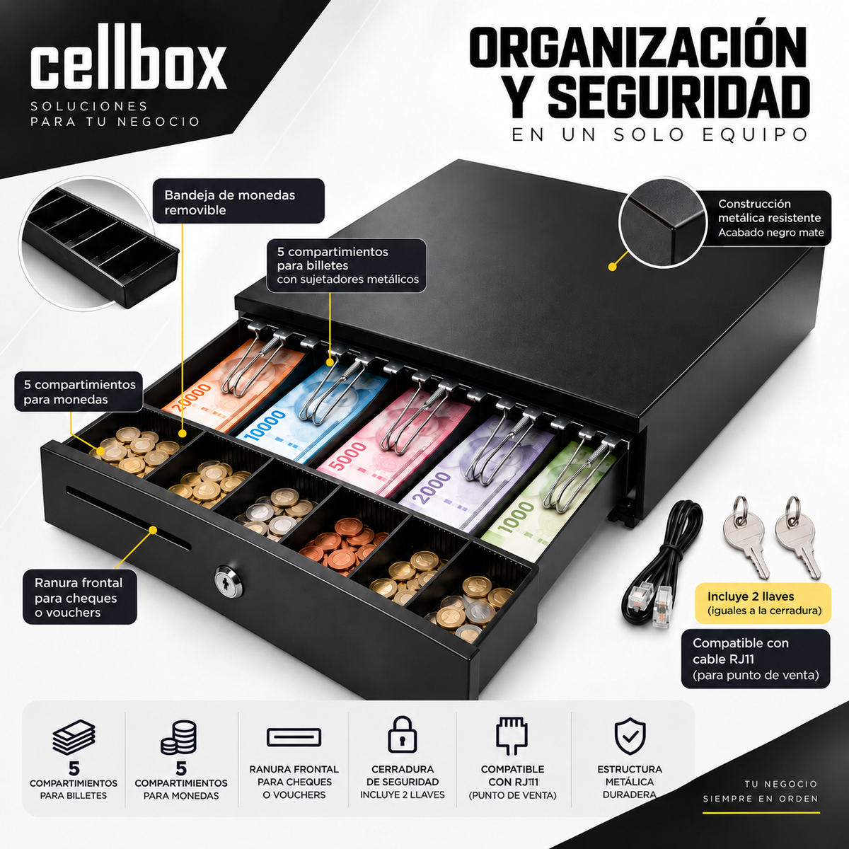 Caja gaveta dinero metálica 5 billetes 5 monedas con cerradura de 2 llaves