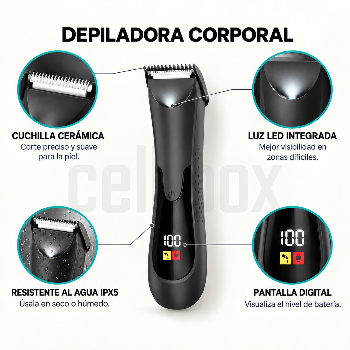 Depiladora Corporal Cellbox — Cuchilla Cerámica, Luz LED y Resistente al Agua IPX5