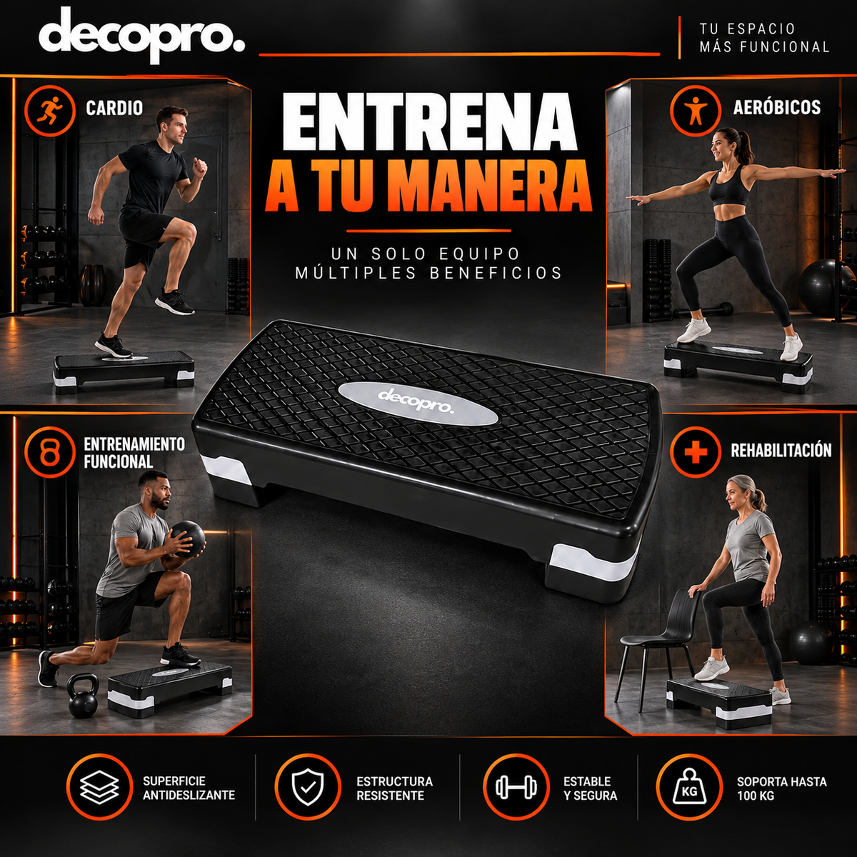Step Aeróbico Decopro Antideslizante – Plataforma de Ejercicio para Cardio y Fitness