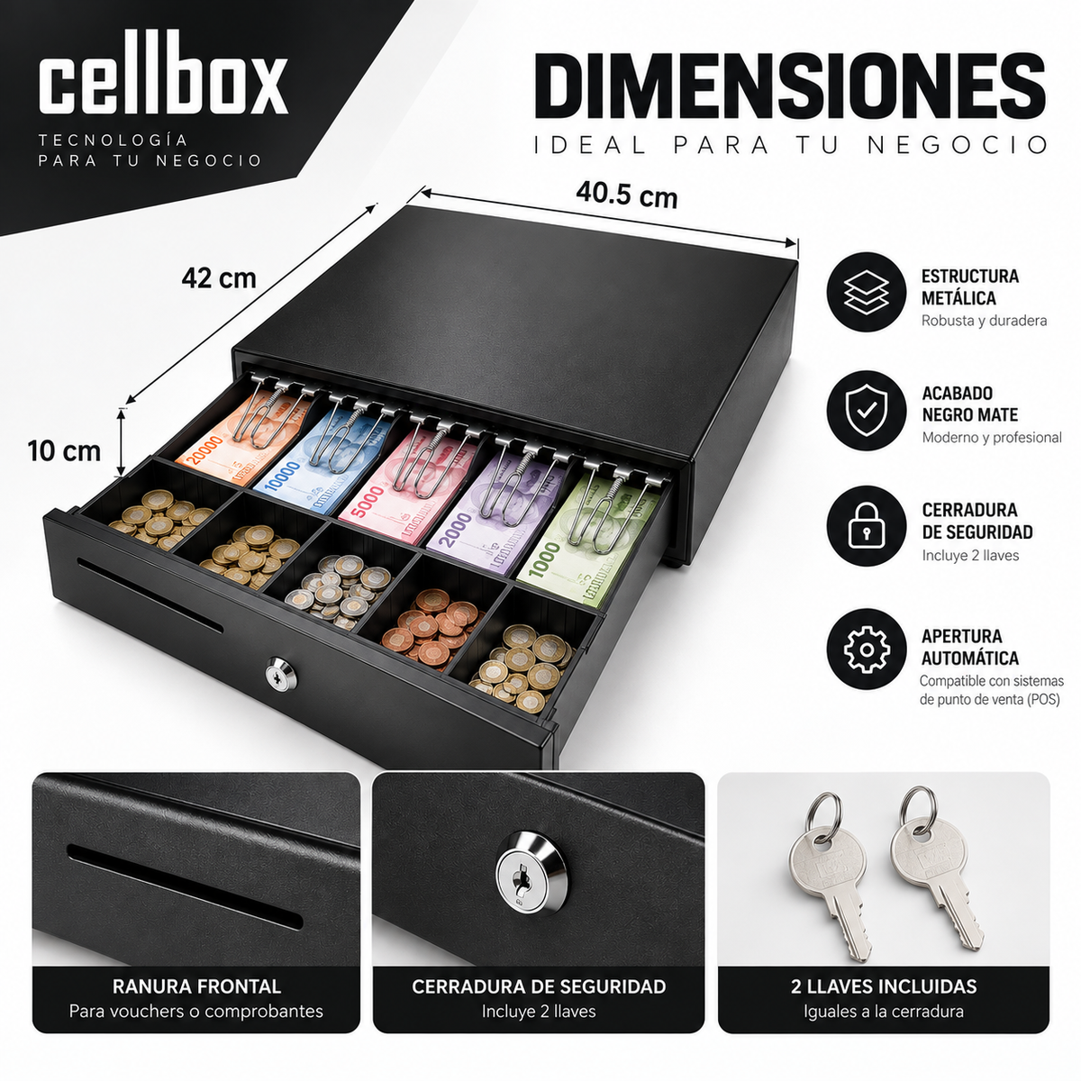 Dimensiones de la caja gaveta dinero metálica 40x42 cm