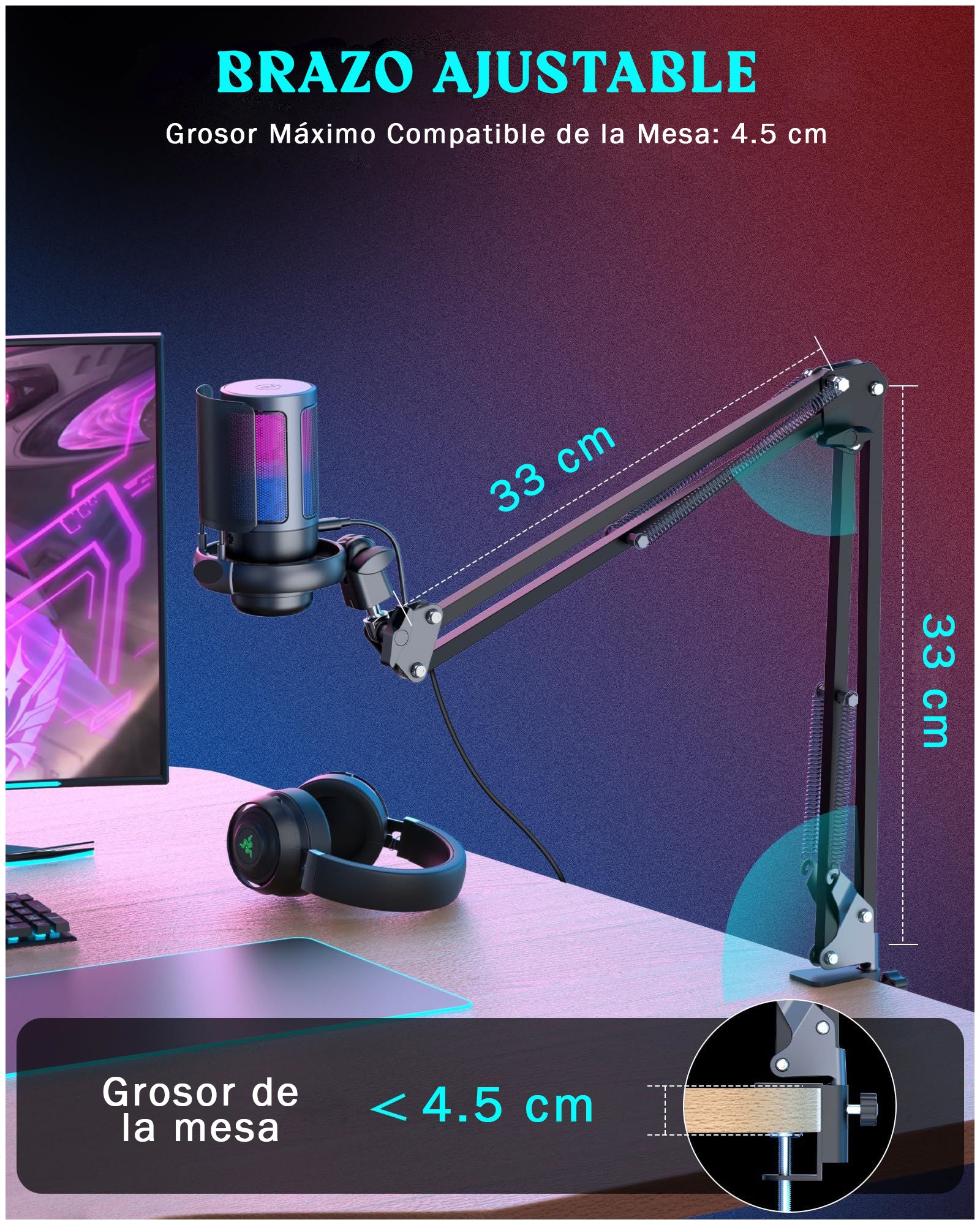 Micrófono RGB Gamer USB con Brazo Ajustable – Streaming, Gaming, Podcast, Grabación